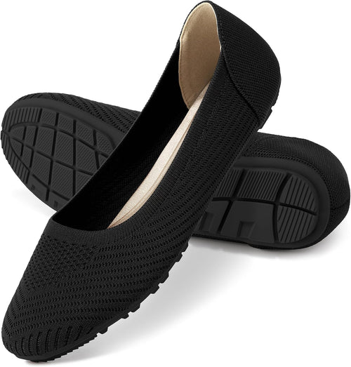 Women's Breathable Knit Casual Flats - Lightweight Anti Slip Walking Shoes with Soft Insole for Outdoor Days - Black