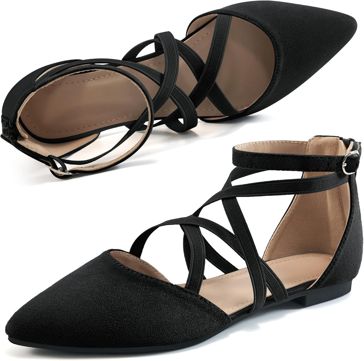 Women's Ballet Flats with Zipper Detail - Dressy Suede and Faux Leather Work Shoes for Weddings and Walking - 6