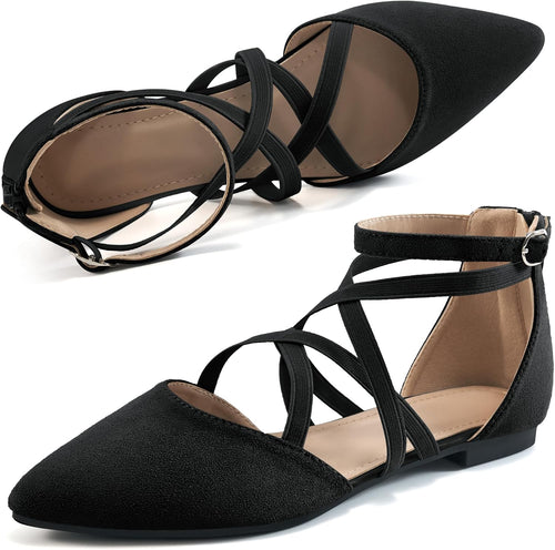 Women's Ballet Flats with Zipper Detail - Dressy Suede and Faux Leather Work Shoes for Weddings and Walking - 6