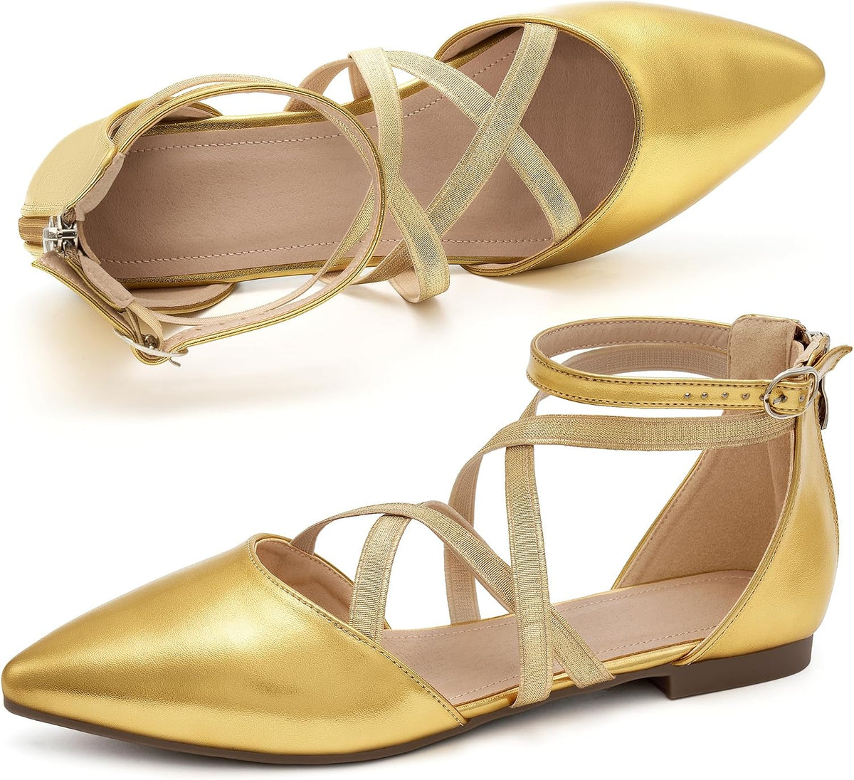 Women's Ballet Flats with Zipper Detail - Dressy Suede and Faux Leather Work Shoes for Weddings and Walking - 6