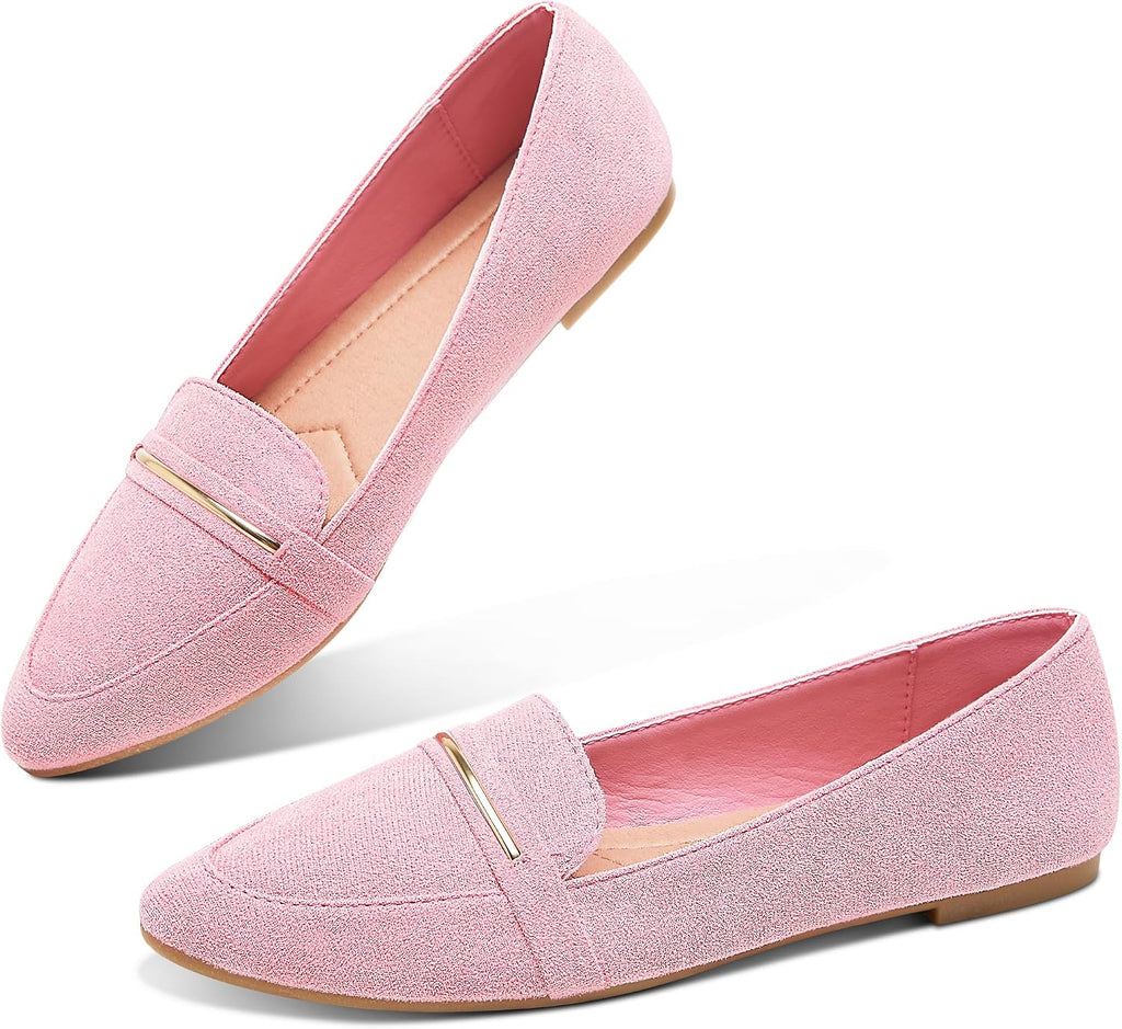 Women's Pointed Toe Penny Loafers - Faux Suede Flat Slip On Work Shoes for Office and Business Casual - 6