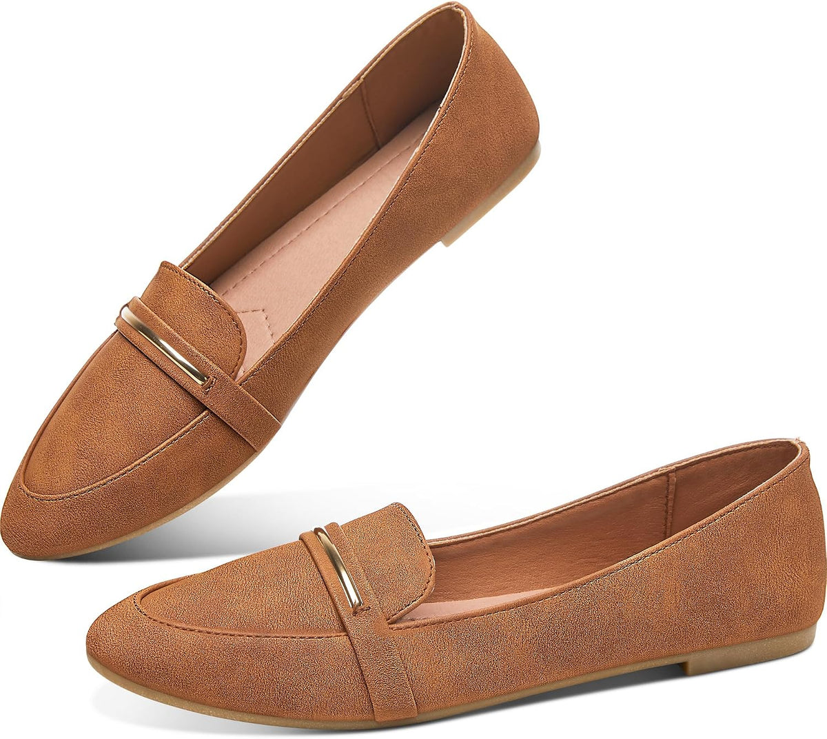 Women's Pointed Toe Penny Loafers - Faux Suede Flat Slip On Work Shoes for Office and Business Casual - 6