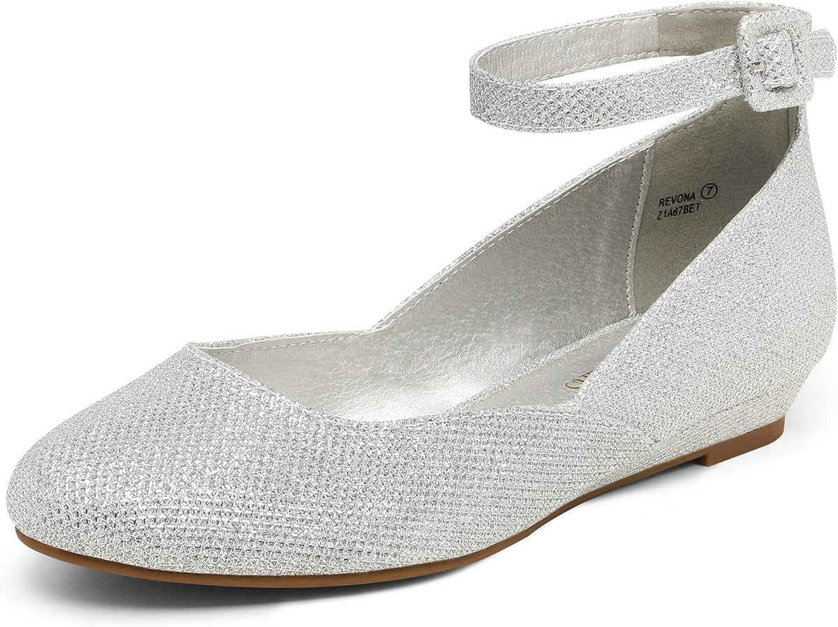 Women's Round Toe Ballet Flats with Low Wedge - Ankle Strap Dress Shoes for Office Days and Evenings - 6
