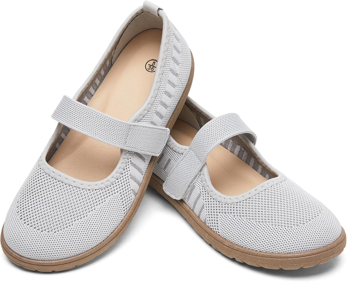 Women's Wide Toe Box Mary Jane Flats - Knit Wide Width Shoes with Velcro Ankle Strap and Zero Drop Sole - 6