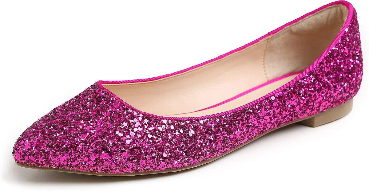 Women's Patent Ballet Flats - Memory Foam Cushioned Slip On Dress Shoes in Glitter and Solid Finishes - Glitter Lavender