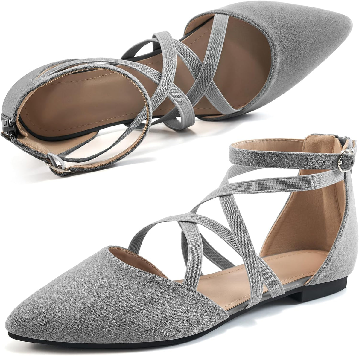 Women's Ballet Flats with Zipper Detail - Dressy Suede and Faux Leather Work Shoes for Weddings and Walking - 8