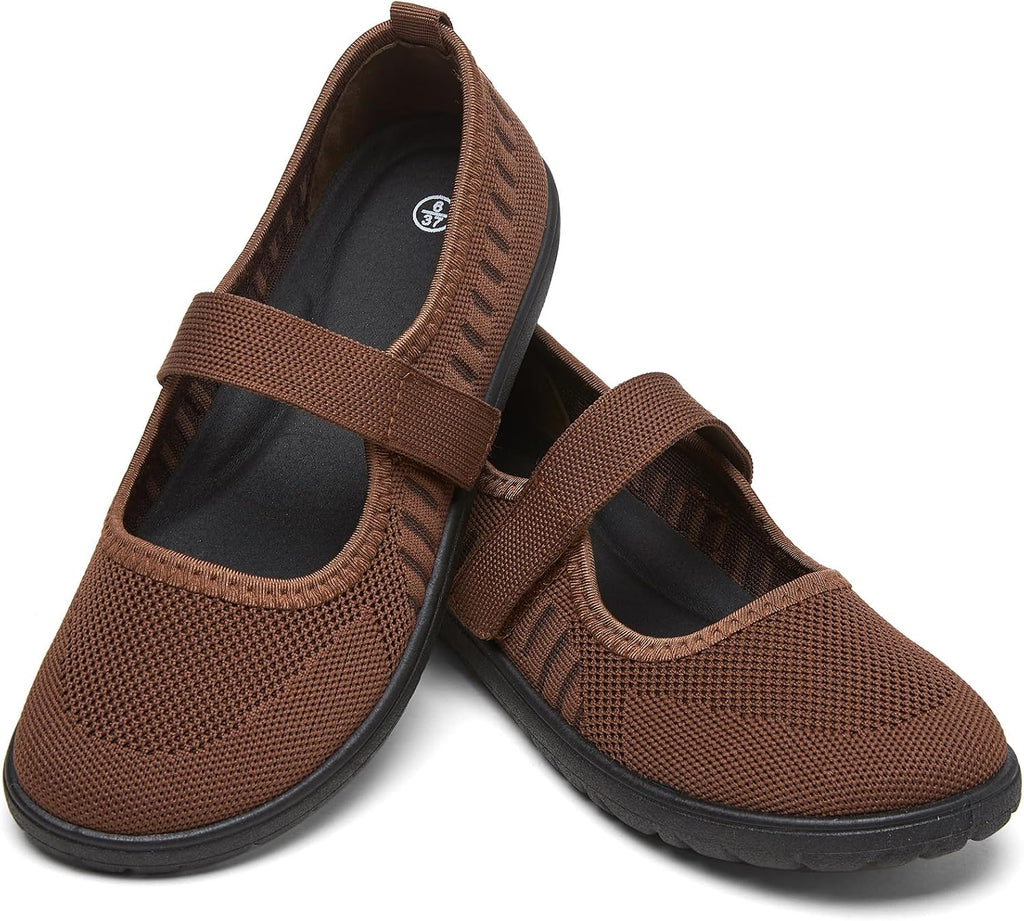 Women's Wide Toe Box Mary Jane Flats - Knit Wide Width Shoes with Velcro Ankle Strap and Zero Drop Sole - 6