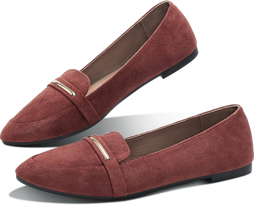 Women's Pointed Toe Penny Loafers - Faux Suede Flat Slip On Work Shoes for Office and Business Casual - 6