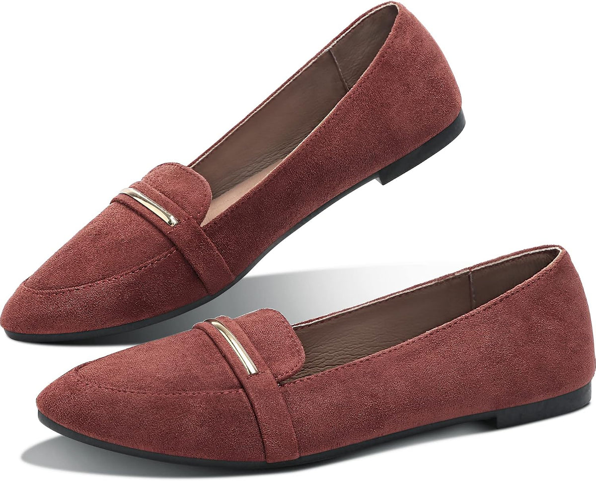 Women's Pointed Toe Penny Loafers - Faux Suede Flat Slip On Work Shoes for Office and Business Casual - 6