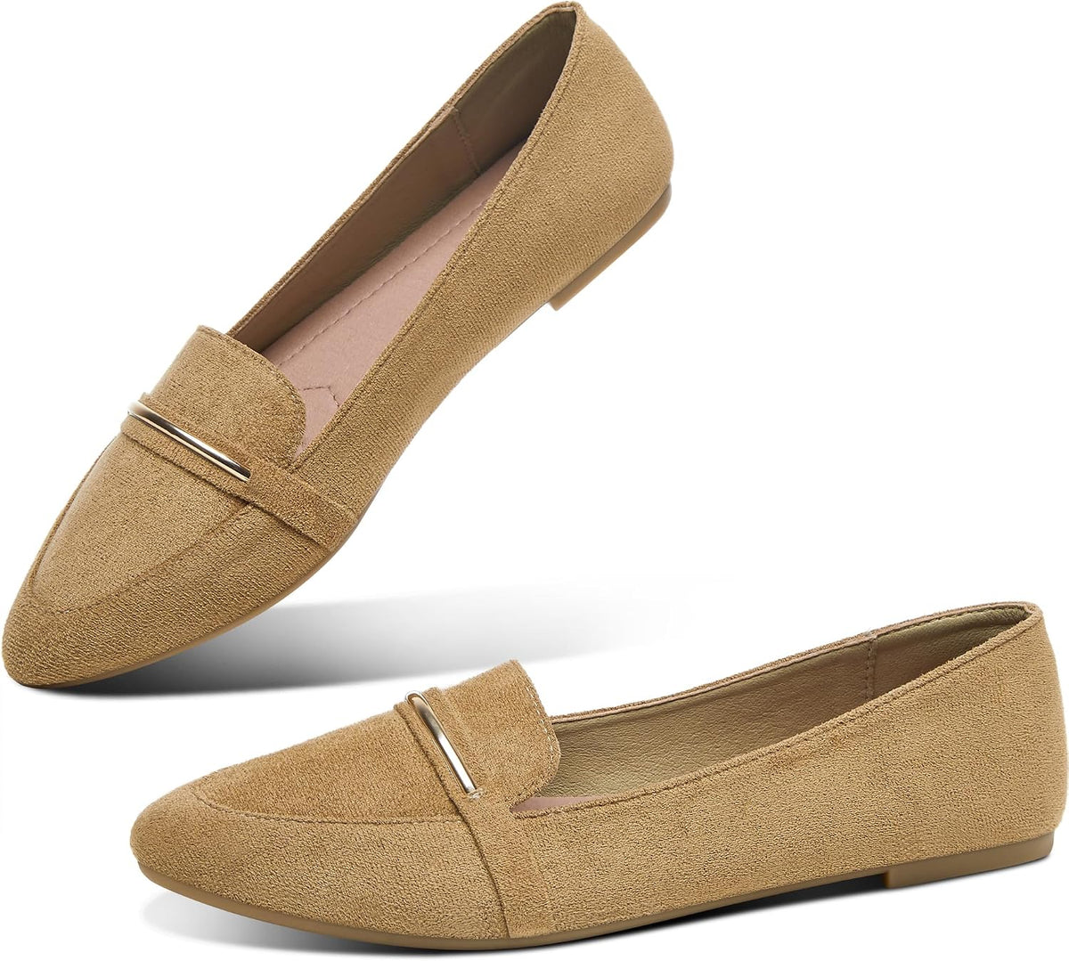 Women's Pointed Toe Penny Loafers - Faux Suede Flat Slip On Work Shoes for Office and Business Casual - 7