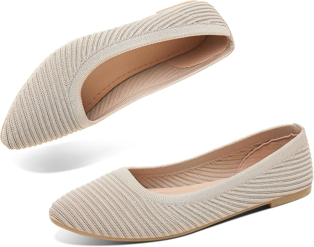 Women's Knit Ballerina Flats - Pointed Toe Soft Slip On Dress Shoes for Walking and Casual Office Wear - 6