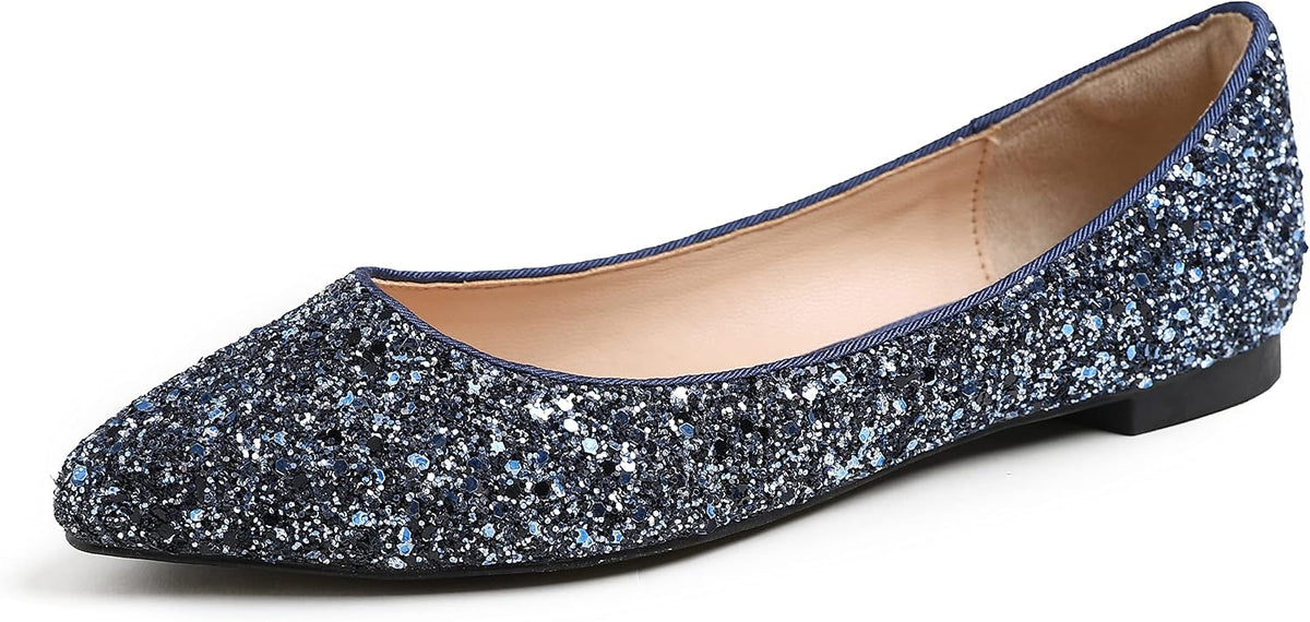 Women's Patent Ballet Flats - Memory Foam Cushioned Slip On Dress Shoes in Glitter and Solid Finishes - Glitter Red