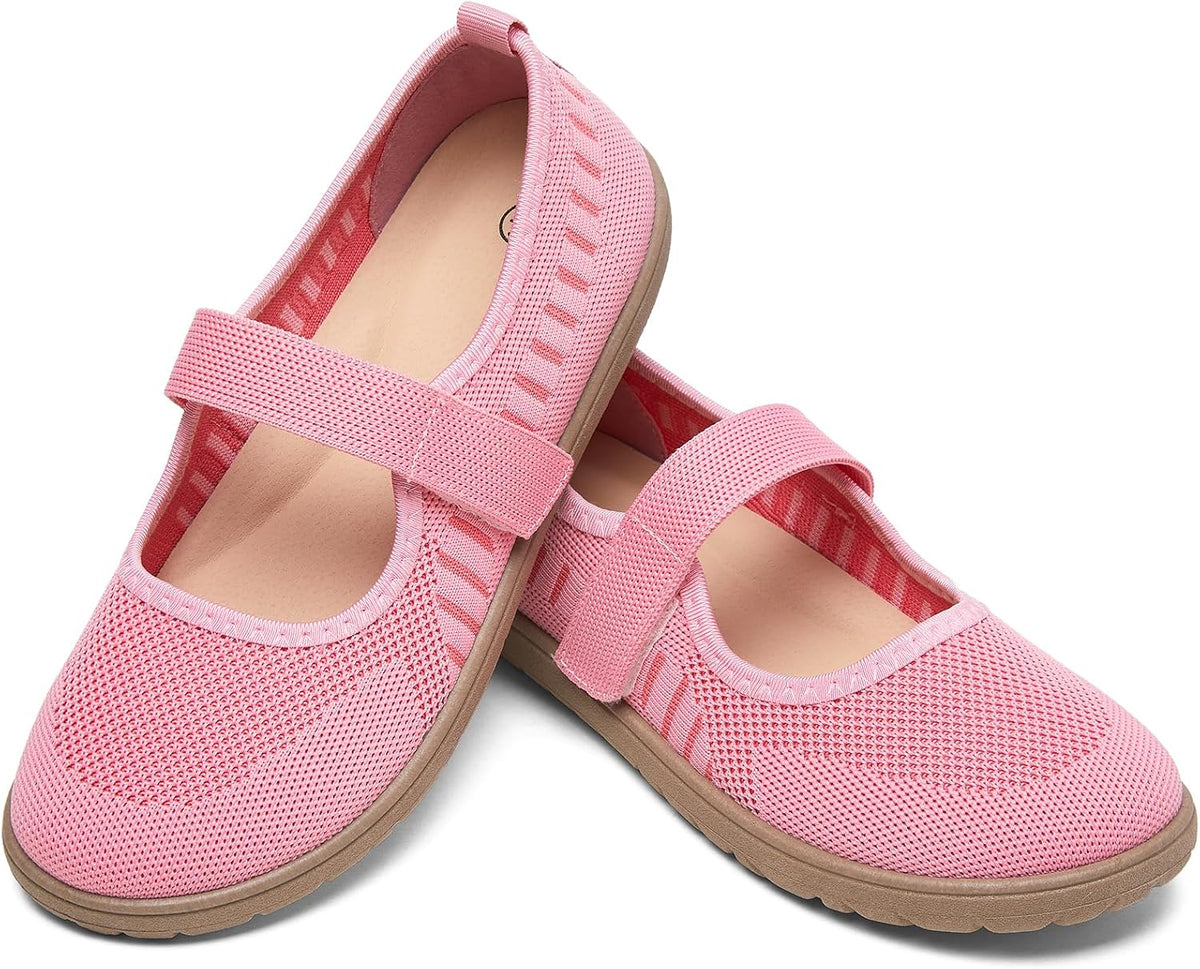 Women's Wide Toe Box Mary Jane Flats - Knit Wide Width Shoes with Velcro Ankle Strap and Zero Drop Sole - 6