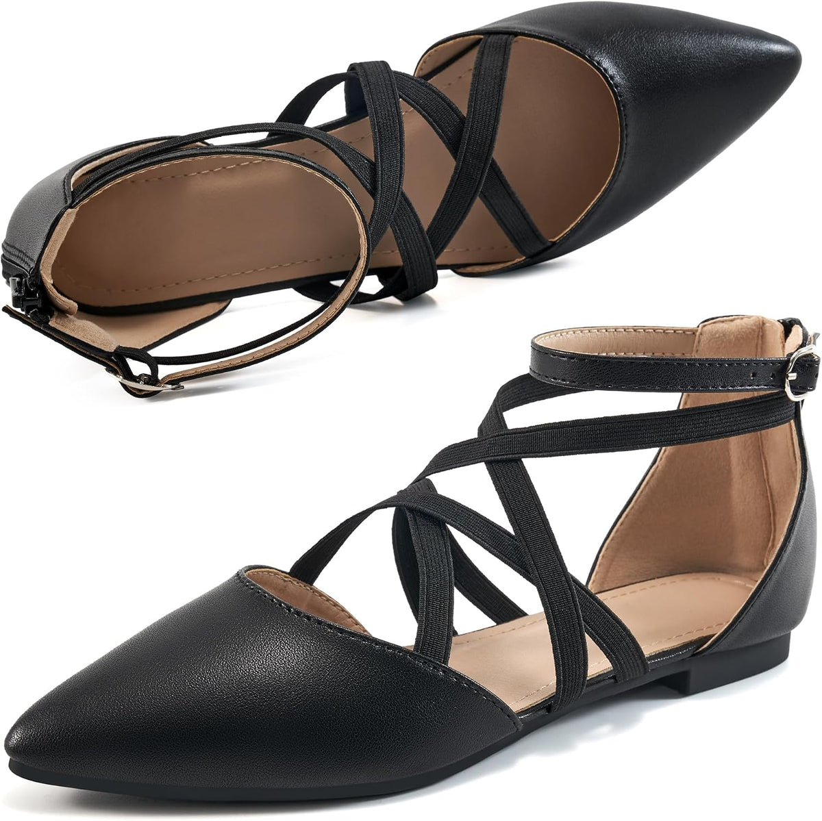 Women's Ballet Flats with Zipper Detail - Dressy Suede and Faux Leather Work Shoes for Weddings and Walking - 6